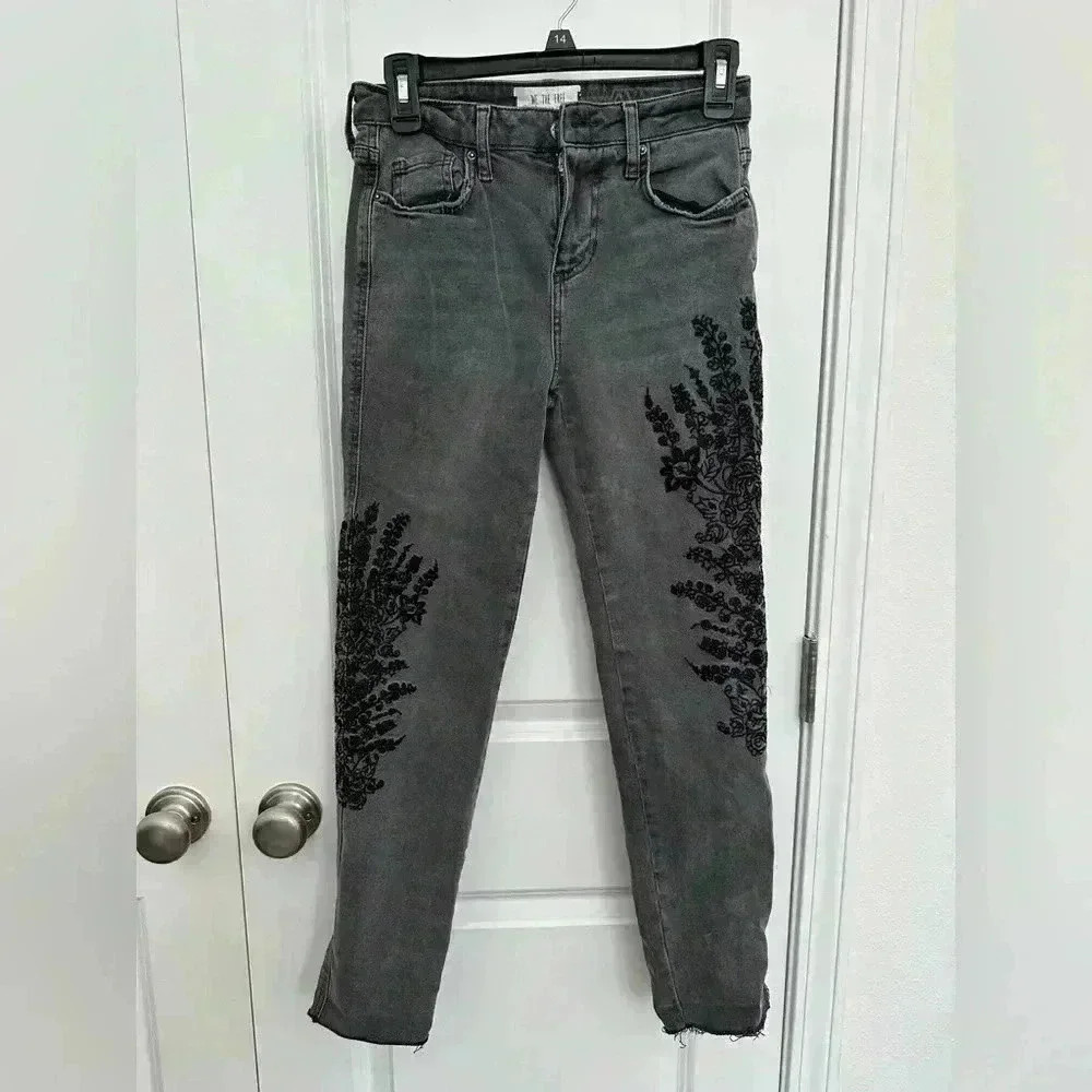 We The Free Free People Women’s Gray Floral Embroidered Crop Girlfriend Jeans